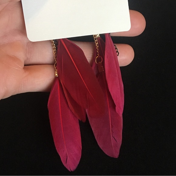 Burgundy Red Feather Long Dangle Earrings - Picture 2 of 8